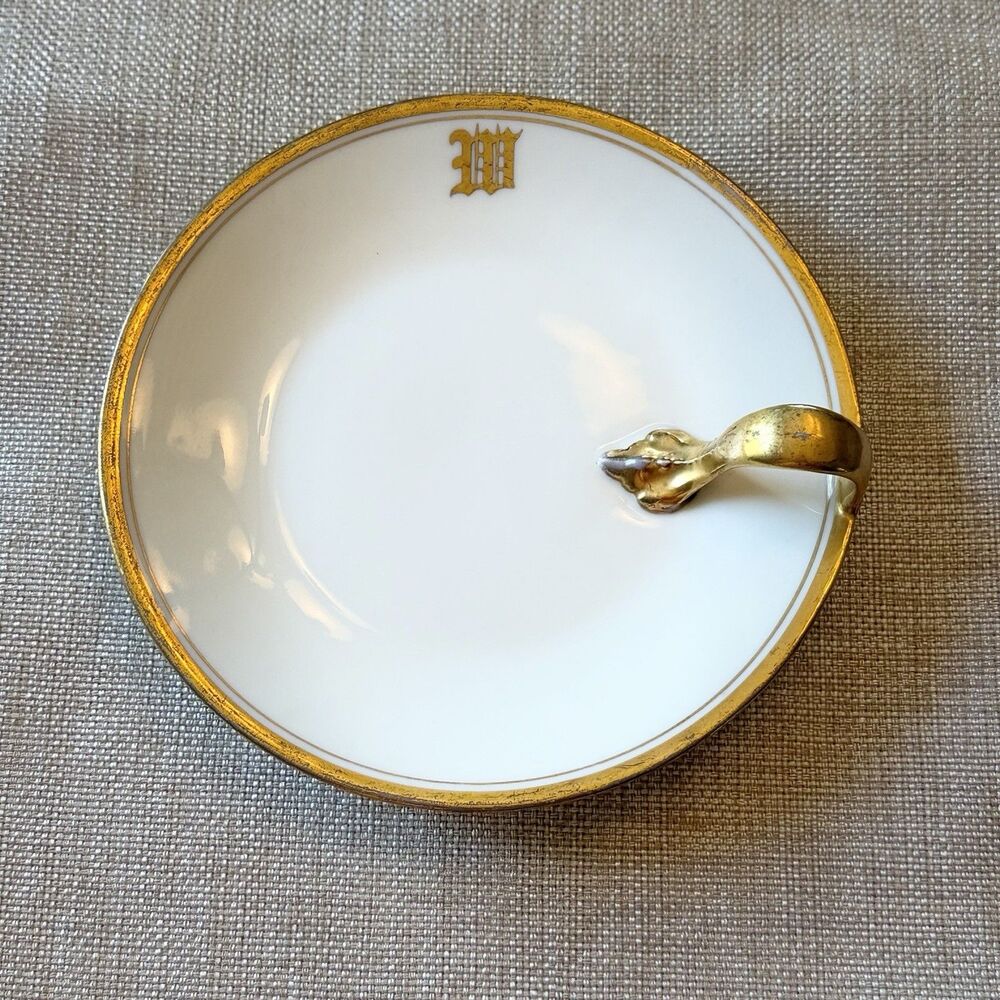 T&V LIMOGES Antique Monogrammed "W” Finger Loop Handled Trinket Dish White Gold